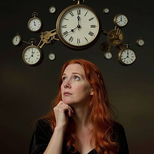 Photograph of a pensive red-haired woman with fair skin, gazing upward at a cluster of vintage clock faces with Roman numerals against a dark