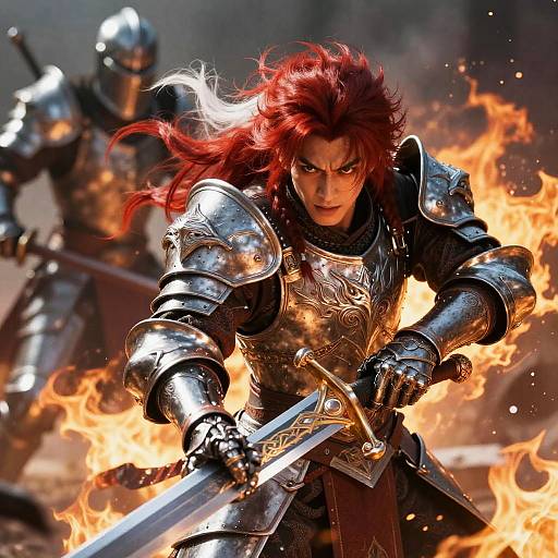 Digital fantasy artwork of a fierce red-haired warrior in ornate silver armor, gripping a glowing sword amidst blazing flames, with another armored figure in the background