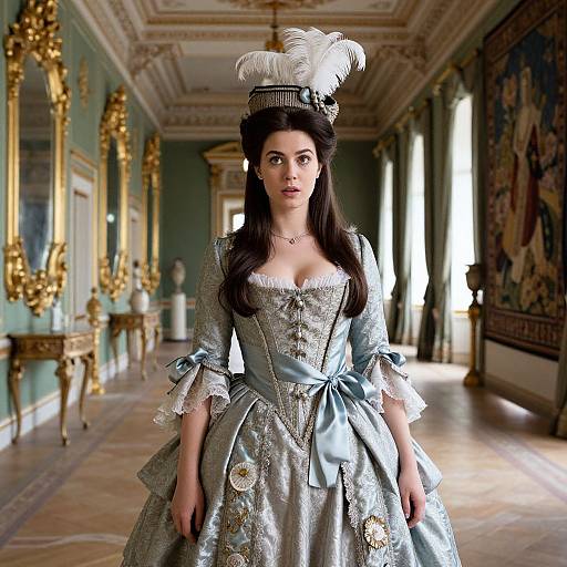 Photograph of a young woman with long dark hair in an elaborate, light blue 18th-century gown with white feathered hat, standing in an