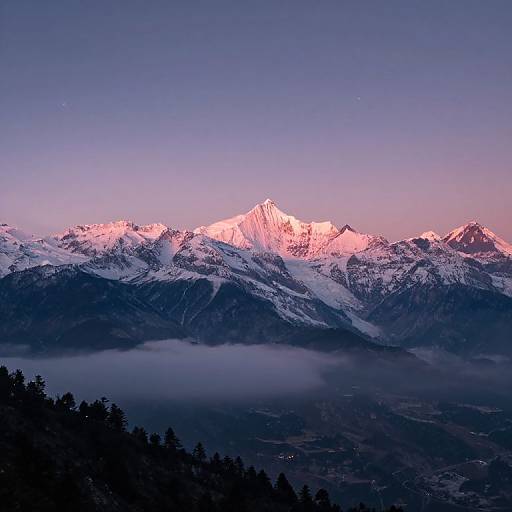 Photograph of a snow-capped mountain range at sunset, with pink and purple hues illuminating the peaks, silhouetted against a clear sky