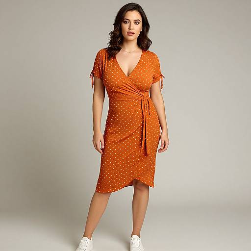 Photograph of a confident woman with curly dark hair, wearing an orange polka-dot wrap dress, standing against a plain gray background, and white sneakers
