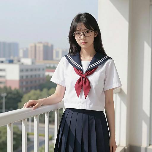 Asian Woman in Sailor Uniform on Balcony