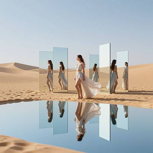 Photograph of a woman in a flowing white dress, walking through a desert with dunes, reflected in a clear water mirror, surrounded by transparent frames