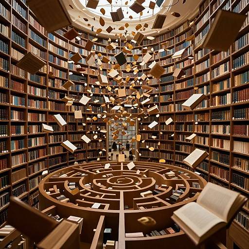 Photograph of a grand library with floating books and papers, centered around a circular maze table, surrounded by tall bookshelves.