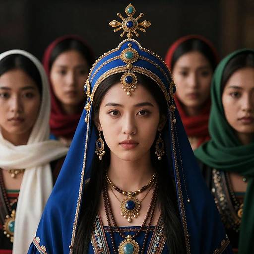 Young Woman in Blue Headdress with Gold Ornaments