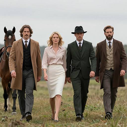 Four People Walking in Grassy Field with Horse
