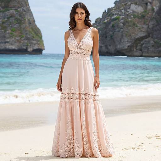 Photograph of a slender woman with dark hair, wearing a pale pink, lace-trimmed, V-neck, floor-length dress, standing on a