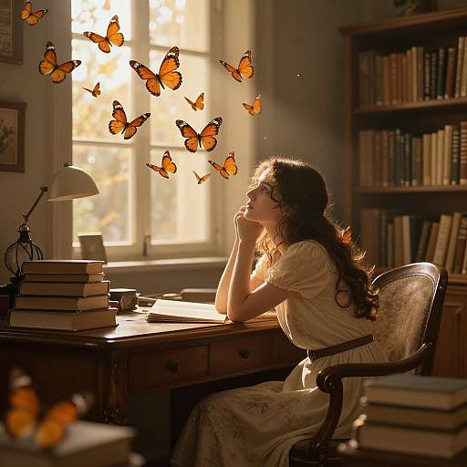 Photograph of a curly-haired woman in a white dress, sitting at a sunlit wooden desk, surrounded by floating orange butterflies, with stacked books and