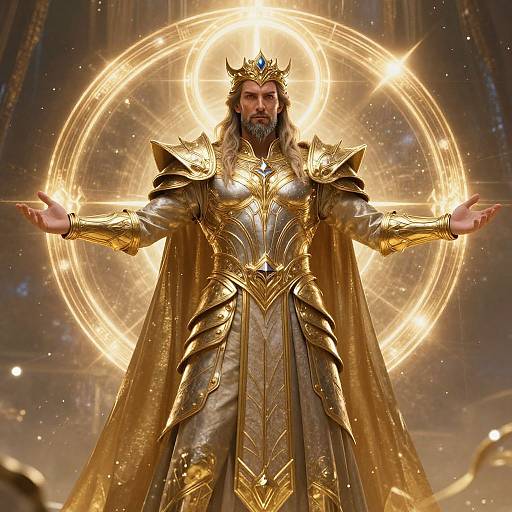 Photograph of a bearded man in golden, ornate armor with a crown, standing with arms outstretched, glowing halo behind. Celestial