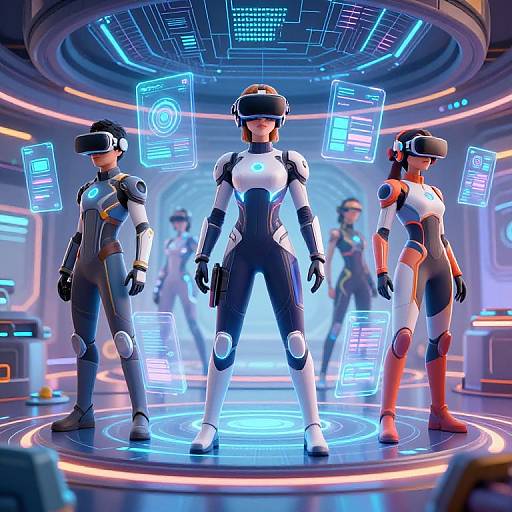 Digital CGI of four futuristic, white and black humanoid robots with headsets, standing in a neon-lit, high-tech circular room.