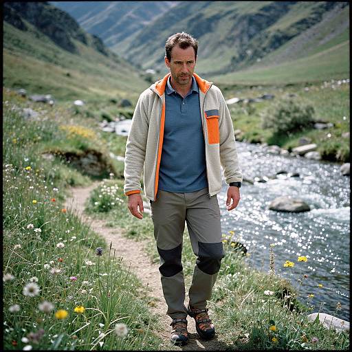 Photograph of a middle-aged man with short dark hair, wearing a white and orange jacket, blue shirt, and gray pants, walking along a sunny