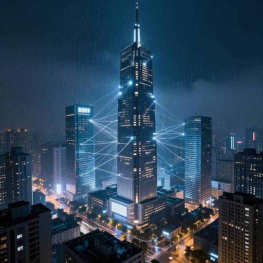 Photograph of a futuristic cityscape at night, featuring a tall, illuminated skyscraper with blue neon lines connecting it to surrounding buildings, amidst a rainy