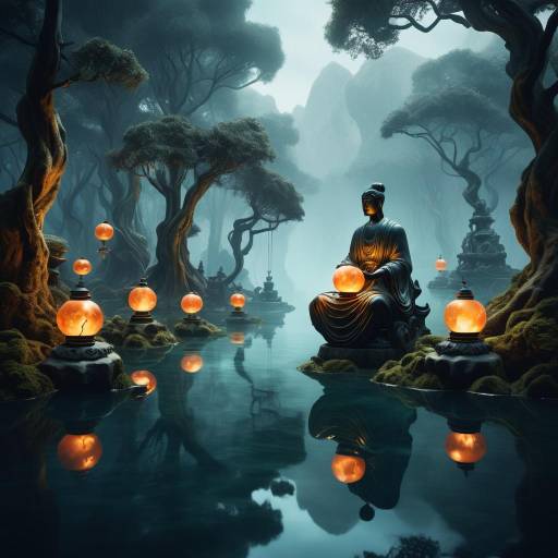 Surreal Forest with Floating Marble Statues Surreal Forest with Floating Marble Statues