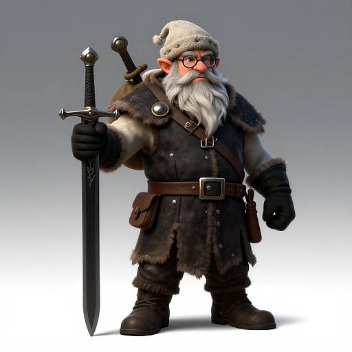 CGI image of a stout, bearded, bespectacled elf warrior in fur cloak, holding a large sword, with a sheathed dagger