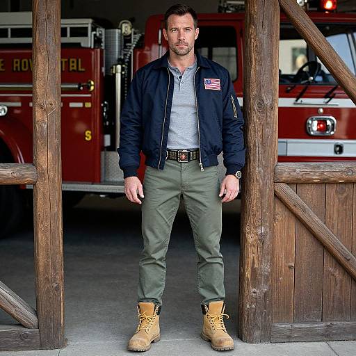 Photograph of a handsome, bearded man in a black jacket, gray shirt, olive pants, and tan boots, standing in front of red fire
