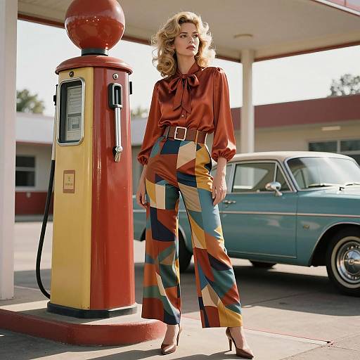 1970s Fashion Woman at Retro Gas Station