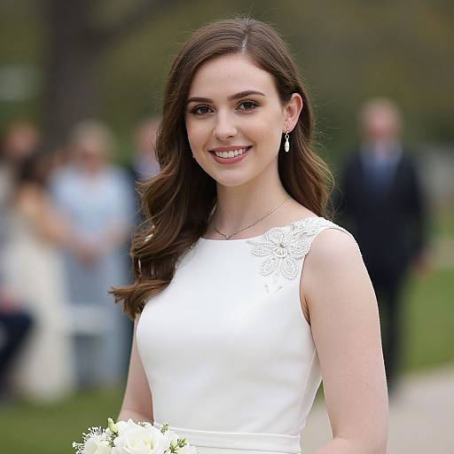 Photograph of a smiling young woman with long brown hair, wearing a white lace sleeveless wedding dress, holding a bouquet, standing outdoors with blurred background