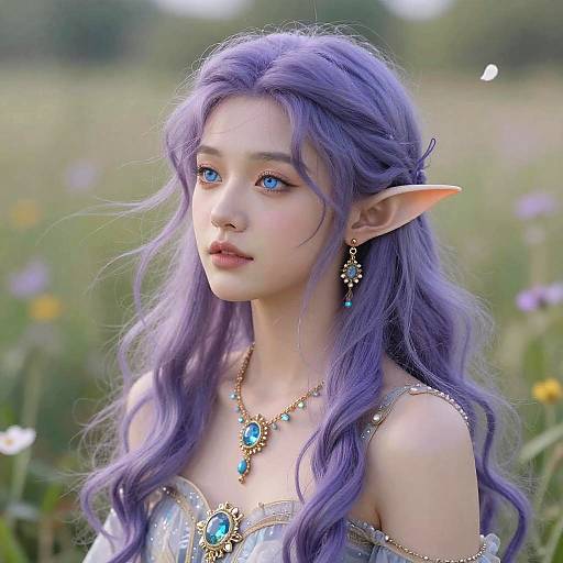 Digital artwork of an elf woman with long, wavy purple hair, blue eyes, pointed ears, wearing a blue gemstone necklace, in a sun
