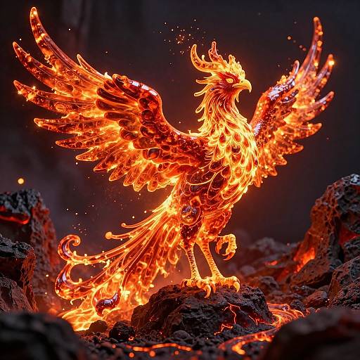 Photograph of a fiery, glowing phoenix with vibrant orange and red flames, standing on dark, rocky terrain, wings spread, against a dark, sm