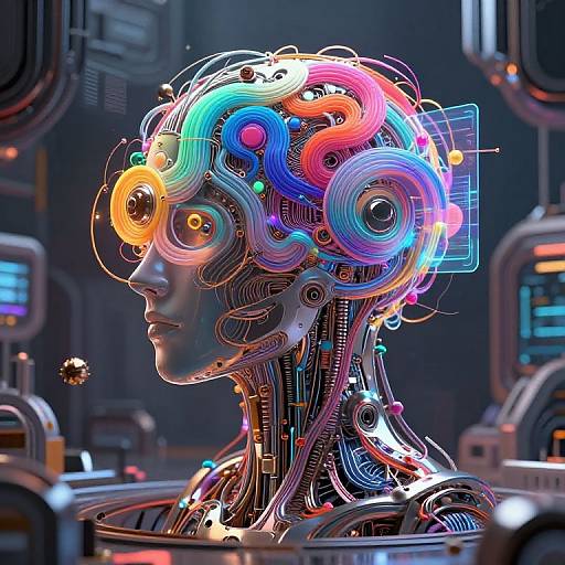 Digital art of a futuristic, neon-lit, cybernetic human head with vibrant, colorful circuitry patterns, set in a sci-fi lab environment