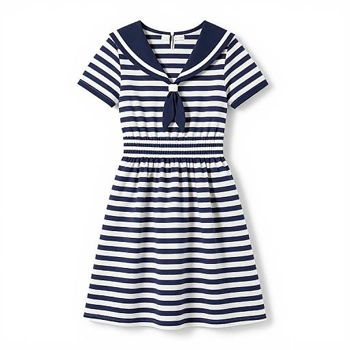 Photograph of a short-sleeved, navy and white striped dress with a sailor collar and tie, laid flat against a white background.