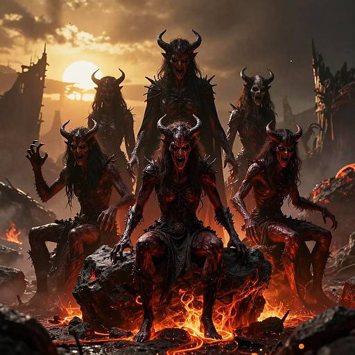 Digital artwork of five demonic creatures with horns, dark fur, and muscular builds, crouching around a fiery pit at sunset, with gothic castle