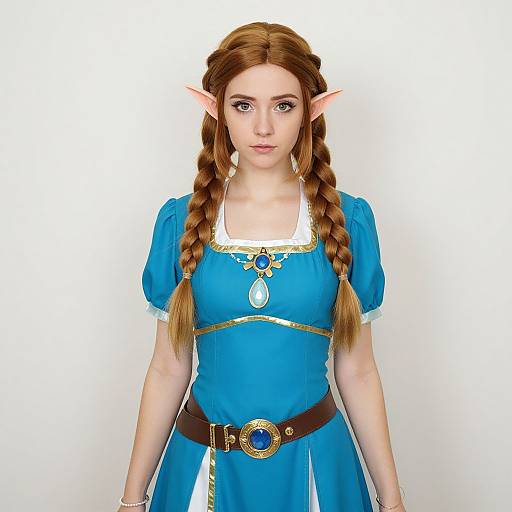 Photorealistic digital image of a young, fair-skinned elf woman with long auburn braids, blue dress, gold accents, pointed ears