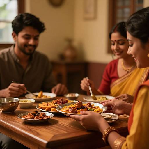 Photograph of three South Asian individuals, two women and one man, smiling and eating together at a wooden table with Indian dishes. Warm, indoor lighting