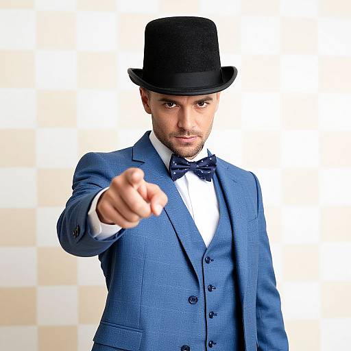 Photograph of a serious, bearded man in a blue suit, black bow tie, and top hat, pointing directly at the camera.