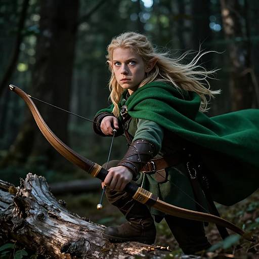 Photograph of a blonde, fair-skinned archer with green cloak, aiming a wooden bow in a dark, dense forest. She has determined expression