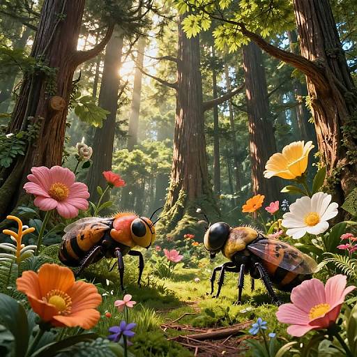 Photograph of two vibrant, detailed bees with orange heads and black stripes, standing amidst colorful flowers in a sunlit, lush forest.