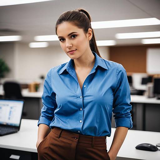 Professional Woman in Blue Shirt and Brown Pants