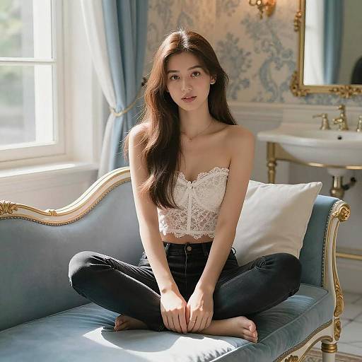 Elegant Woman on Blue Chaise Lounge