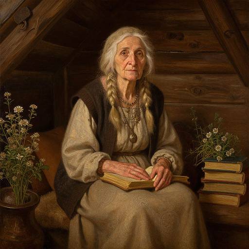 Ancient Wise Woman in Rustic Cabin