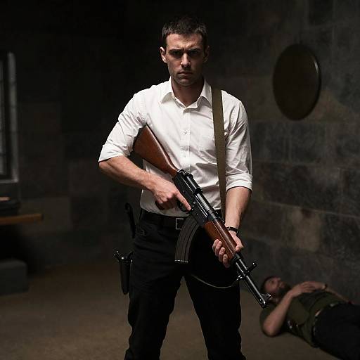 Man Holding Rifle in Dimly Lit Stone Room