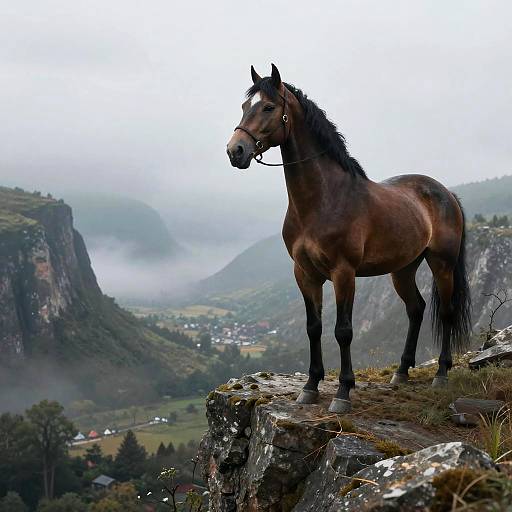 Photograph of a majestic, dark brown horse with a white blaze on its face standing on a rocky cliff, overlooking a misty, mountainous valley