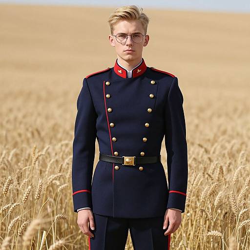 Photograph of a young blonde man with glasses, wearing a dark navy military-style uniform with red accents, standing in a golden wheat field.