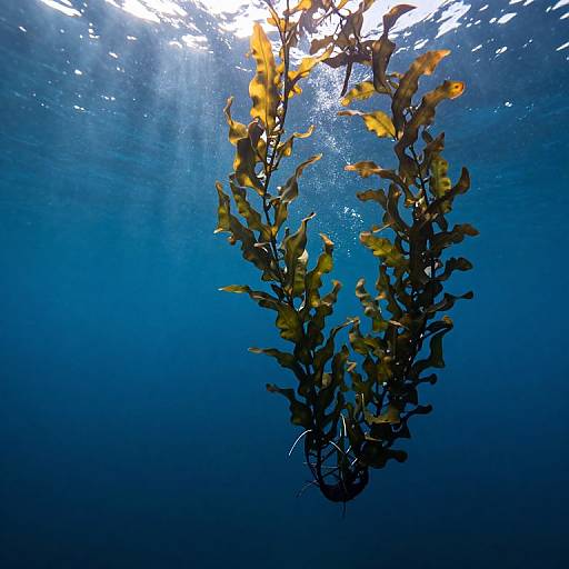 Photograph of a sunlit underwater scene featuring a cluster of yellow and green seaweed floating in deep blue ocean water.