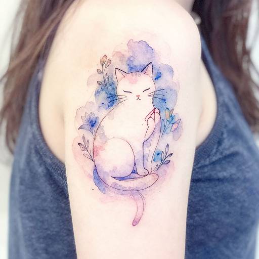 Photograph of a woman's upper arm featuring a watercolor-style tattoo of a white cat with closed eyes, surrounded by blue and pink flowers, wearing