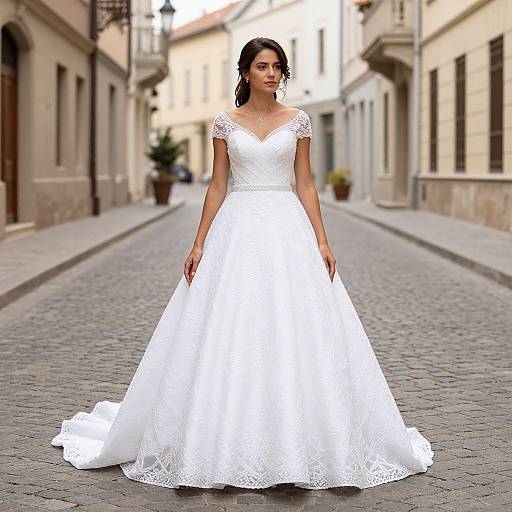 Photograph of a young woman with dark hair in a white lace wedding gown with cap sleeves, standing on a cobblestone street in a historic European