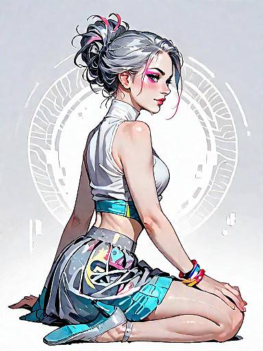 Stylish Woman in Geometric Mini Skirt Sitting