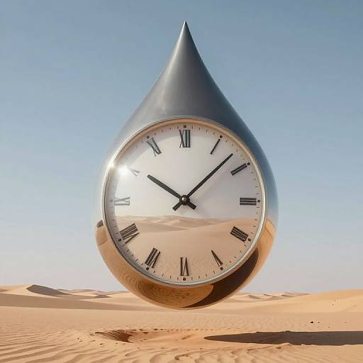 Photograph of a giant, silver, teardrop-shaped clock with black Roman numerals, set in a desert with golden sand dunes and a