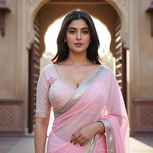 Photograph of a beautiful Indian woman with long black hair, wearing a pink sari with silver embroidery, standing in an arched, sunlit doorway