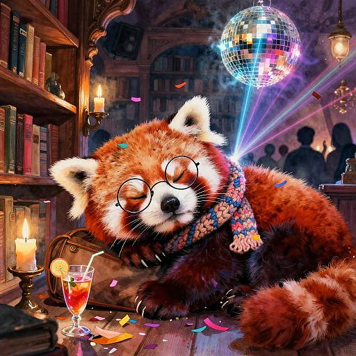 Cozy Red Panda in Vibrant Vintage Library