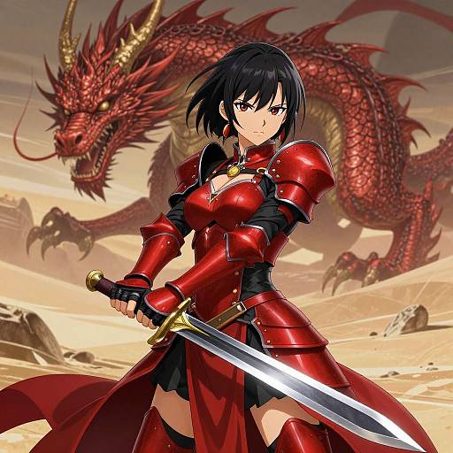 Anime-style illustration of a serious black-haired woman in red armor, holding a sword, standing in front of a red dragon in a desert landscape. Dynamic