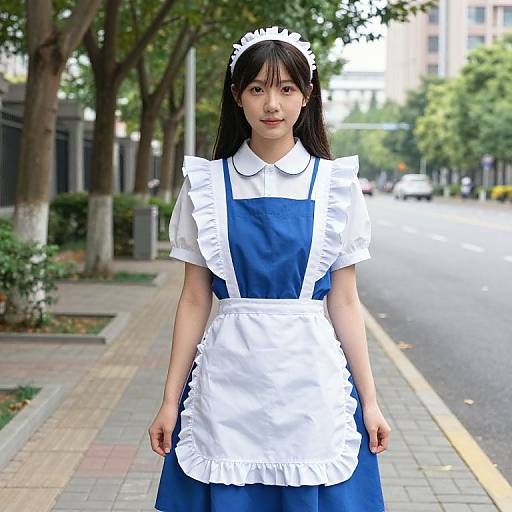 Woman in Ruffled Apron on Sidewalk