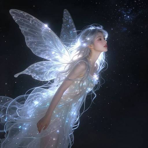Photorealistic digital artwork of a glowing, ethereal fairy with translucent wings and hair, illuminated against a dark starry background.