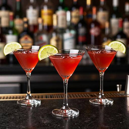 Photograph of three vibrant red cocktails in martini glasses with lemon slices, set on a black bar counter, blurred liquor bottles in the background.