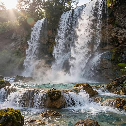 Photograph of a cascading waterfall with sunlight filtering through trees, splashing over moss-covered rocks into a turquoise pool below.