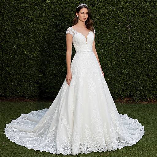 Photograph of a dark-haired woman in a white, lace-embellished, V-neck, short-sleeve wedding gown with a long train
